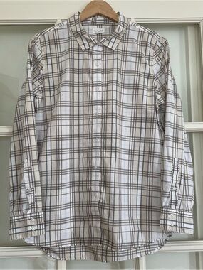 Garnet Hill 100% organic pima cotton neutral plaid collared button up women's 12